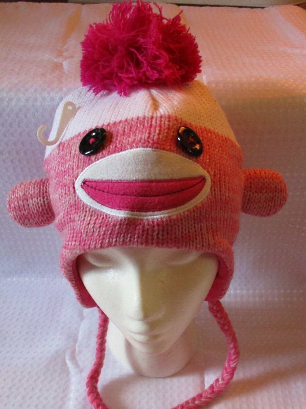 NWOT Pink & White Monkey Lined Knit Ski Cap-Ear Flaps, Pom Pom, Braided Tassels